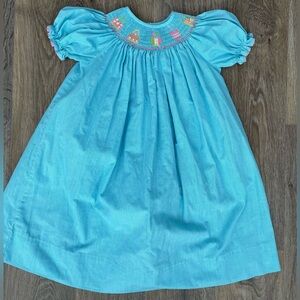 Amanda Remembered Smocked Dress Girls Size 4 Teal Purse Embroidery